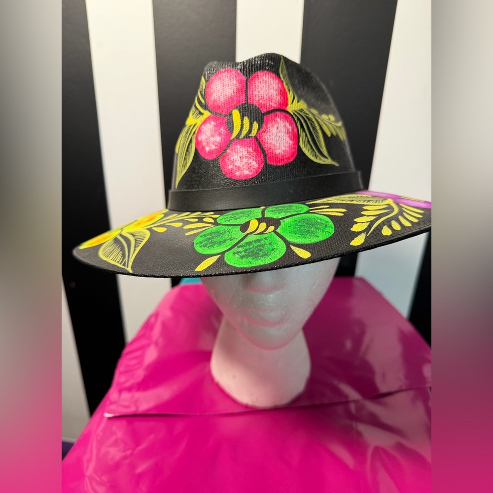 Hand-Painted Artesian Floral Black Wide-Brim Sun Hat from Mexico